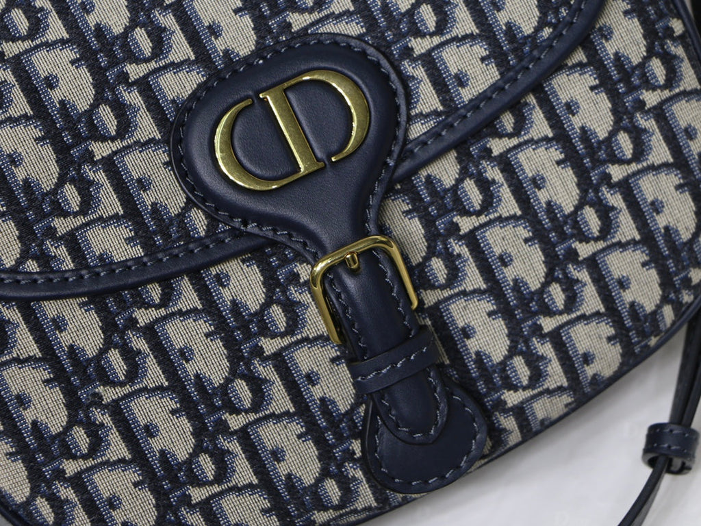 MEDIUM CD BOBBY 22CM BLUE OBLIQUE EMBROIDEDERED CANVAS GOLD HARDWARE