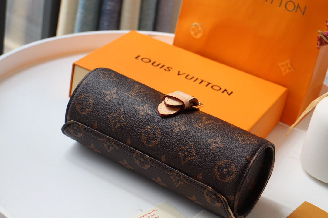 LV M47530 3 Watch Case Brown Beige Monogram Canvas & Cowhide HW