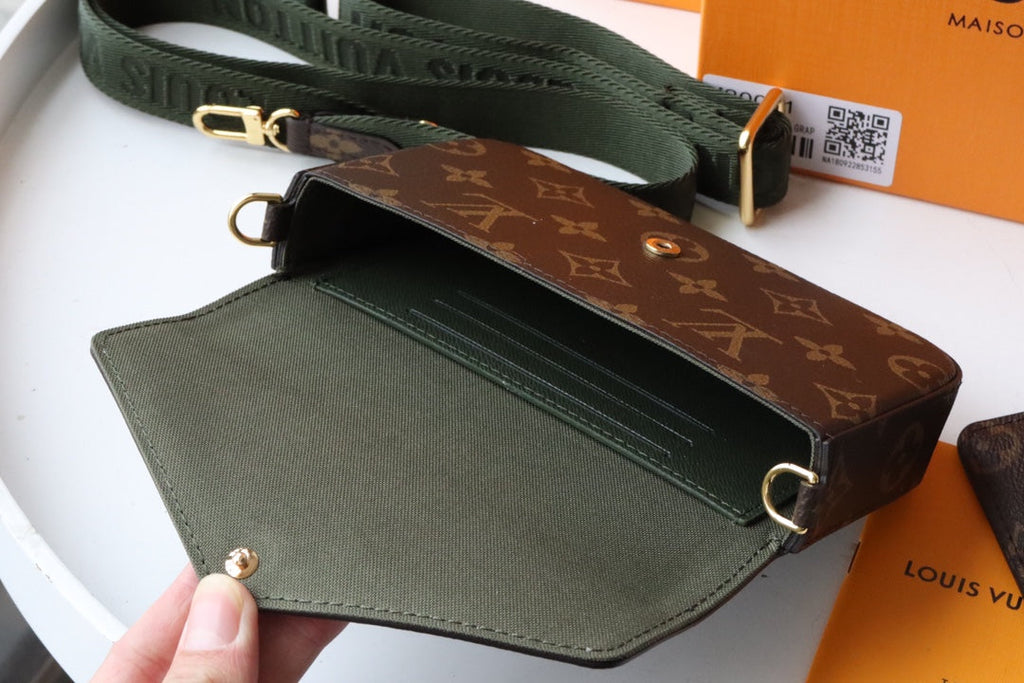LV Felicie Strap & Go Brown Dark Green Monogram Canvas GHW