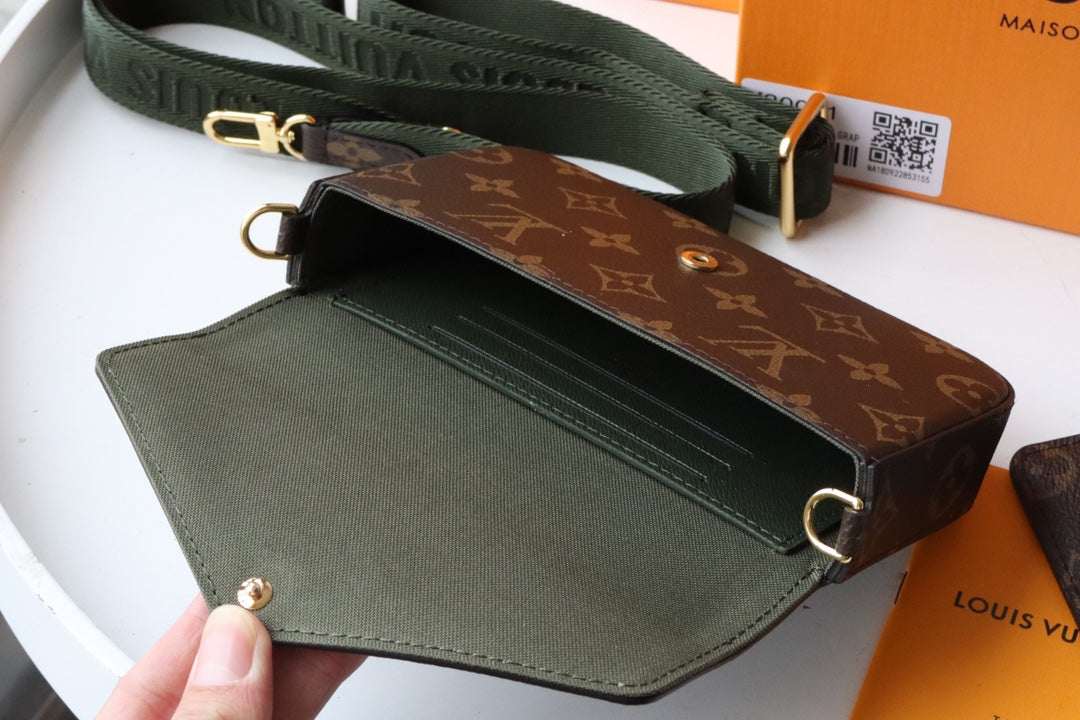 LV Felicie Strap & Go Brown Dark Green Monogram Canvas GHW