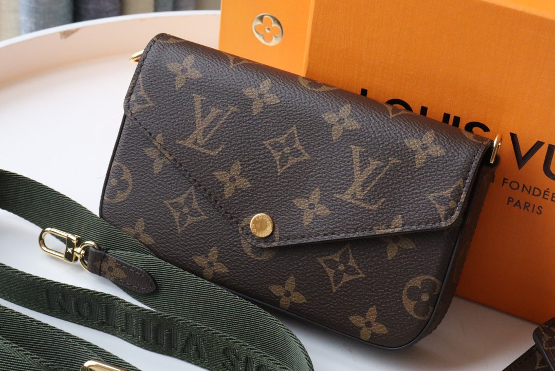 LV Felicie Strap & Go Brown Dark Green Monogram Canvas GHW