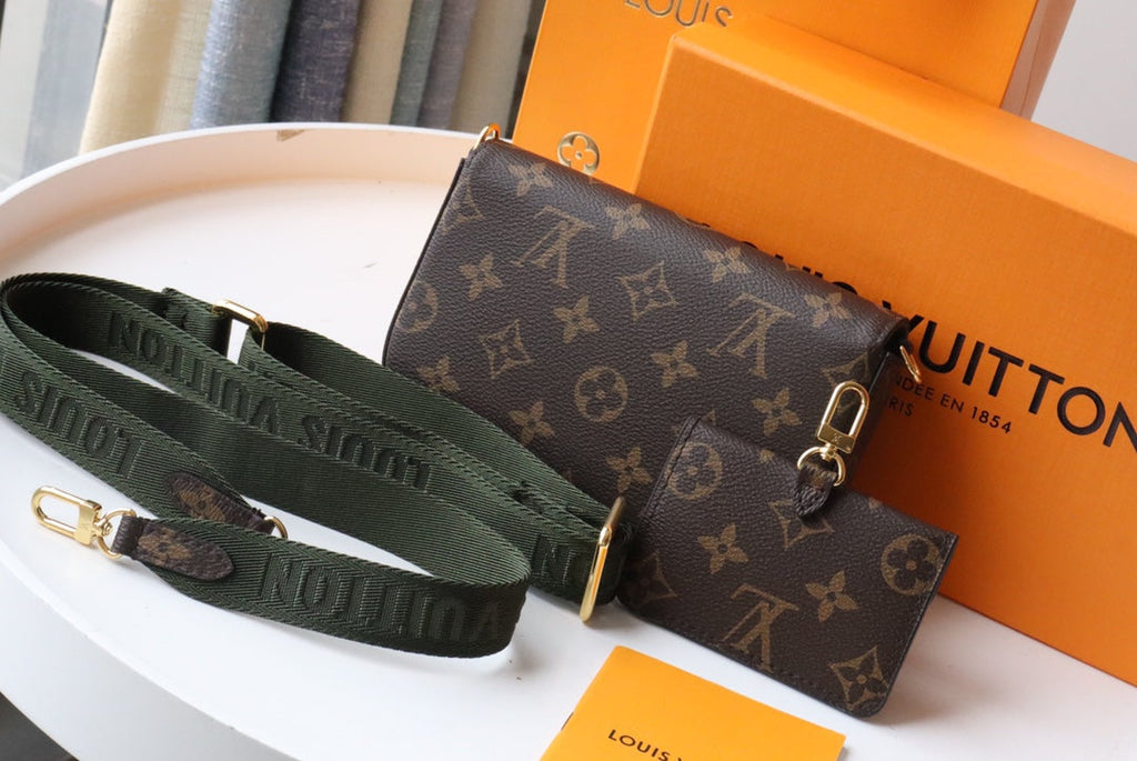 LV Felicie Strap & Go Brown Dark Green Monogram Canvas GHW