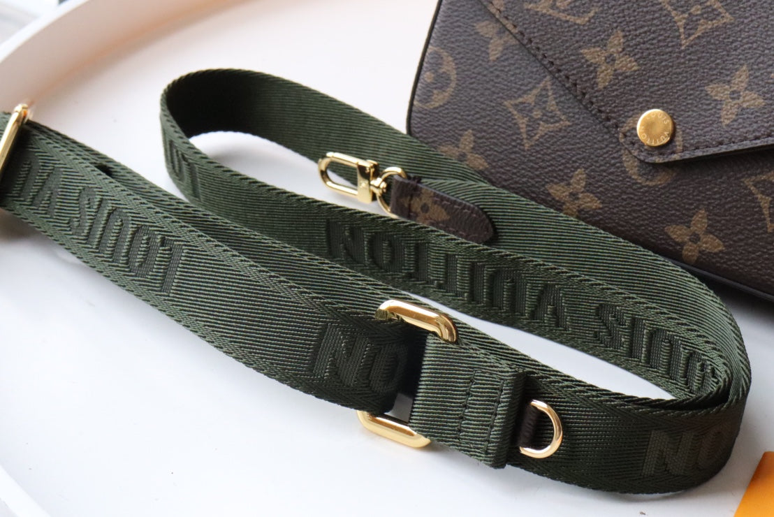 LV Felicie Strap & Go Brown Dark Green Monogram Canvas GHW
