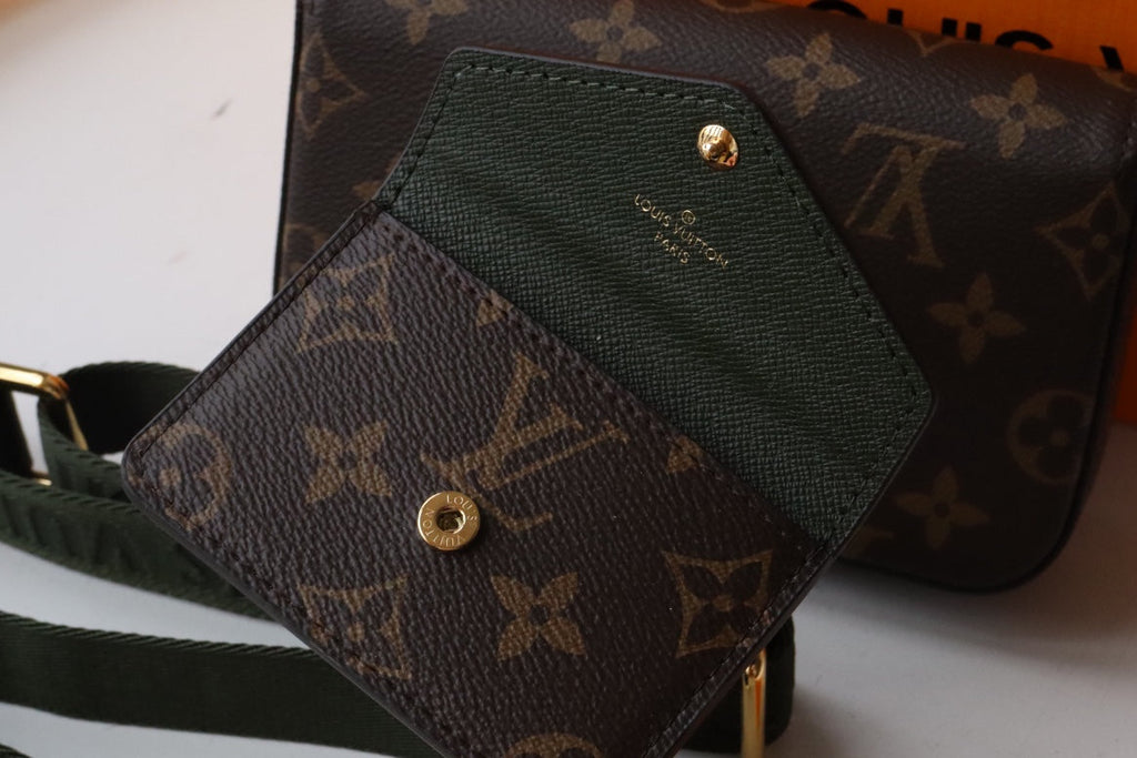 LV Felicie Strap & Go Brown Dark Green Monogram Canvas GHW
