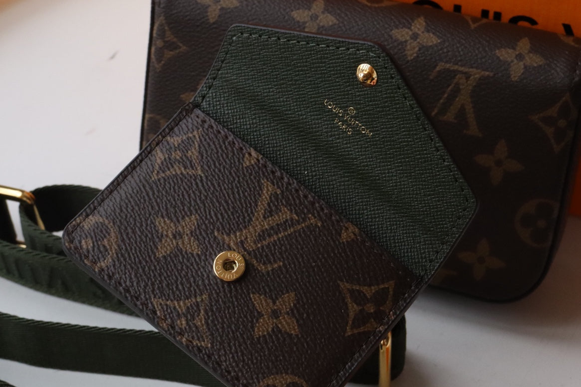 LV Felicie Strap & Go Brown Dark Green Monogram Canvas GHW