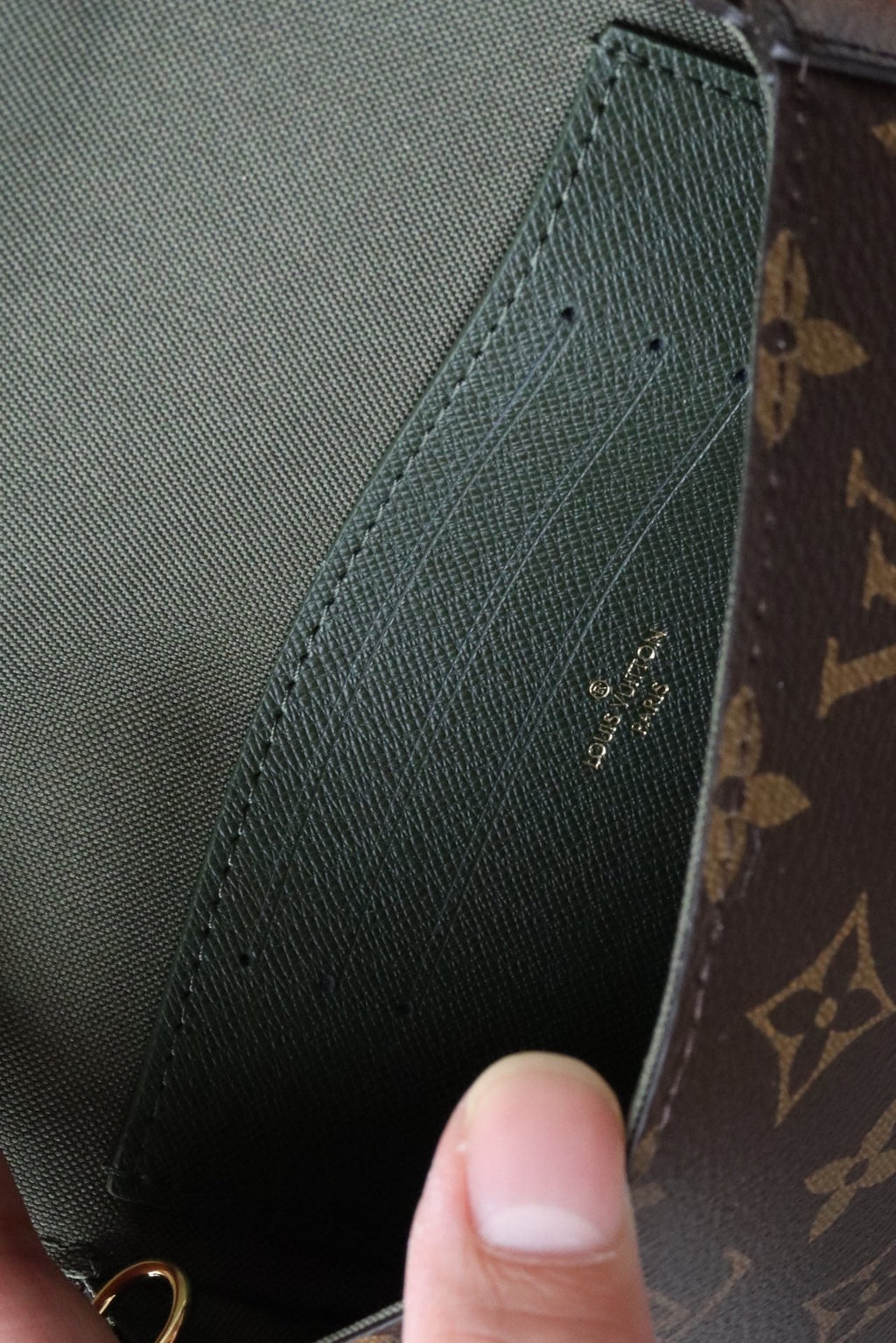 LV Felicie Strap & Go Brown Dark Green Monogram Canvas GHW