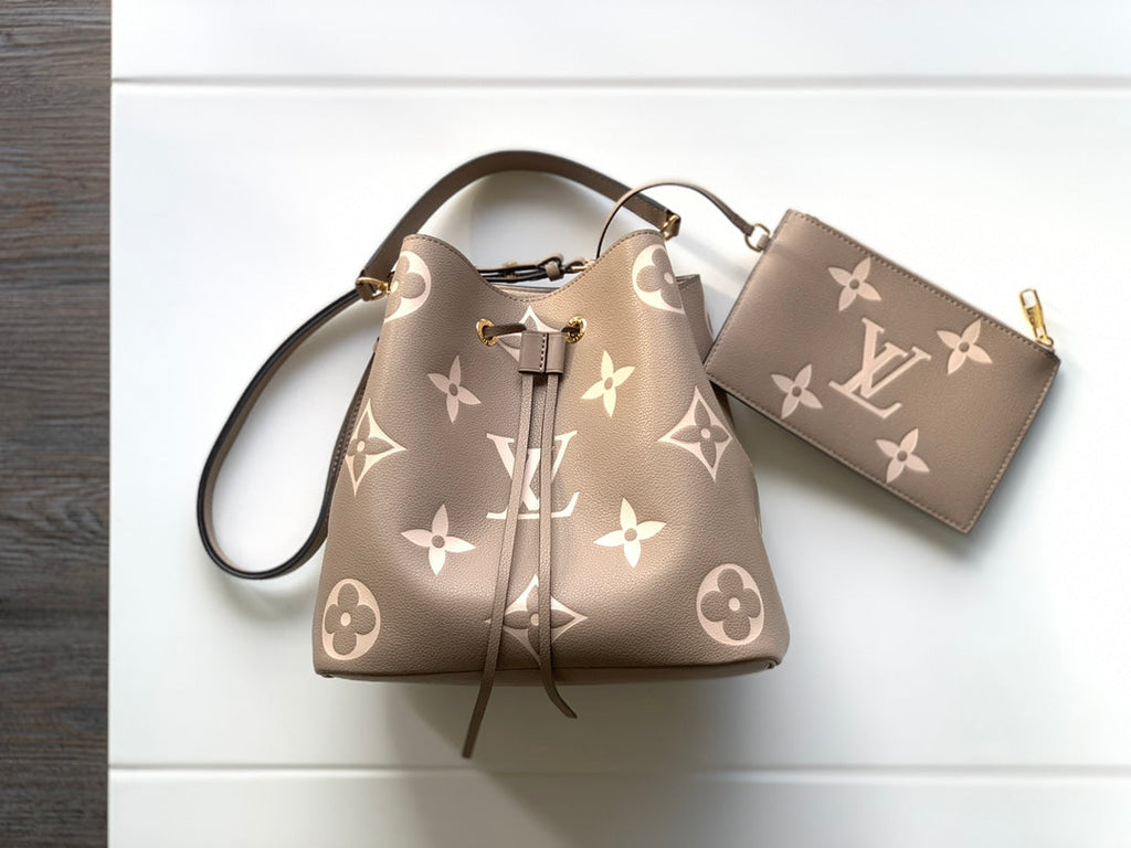 LV NéoNoé MM Tourterelle Gray & Cream  Embossed Monogram Empreinte Cowhide 268066