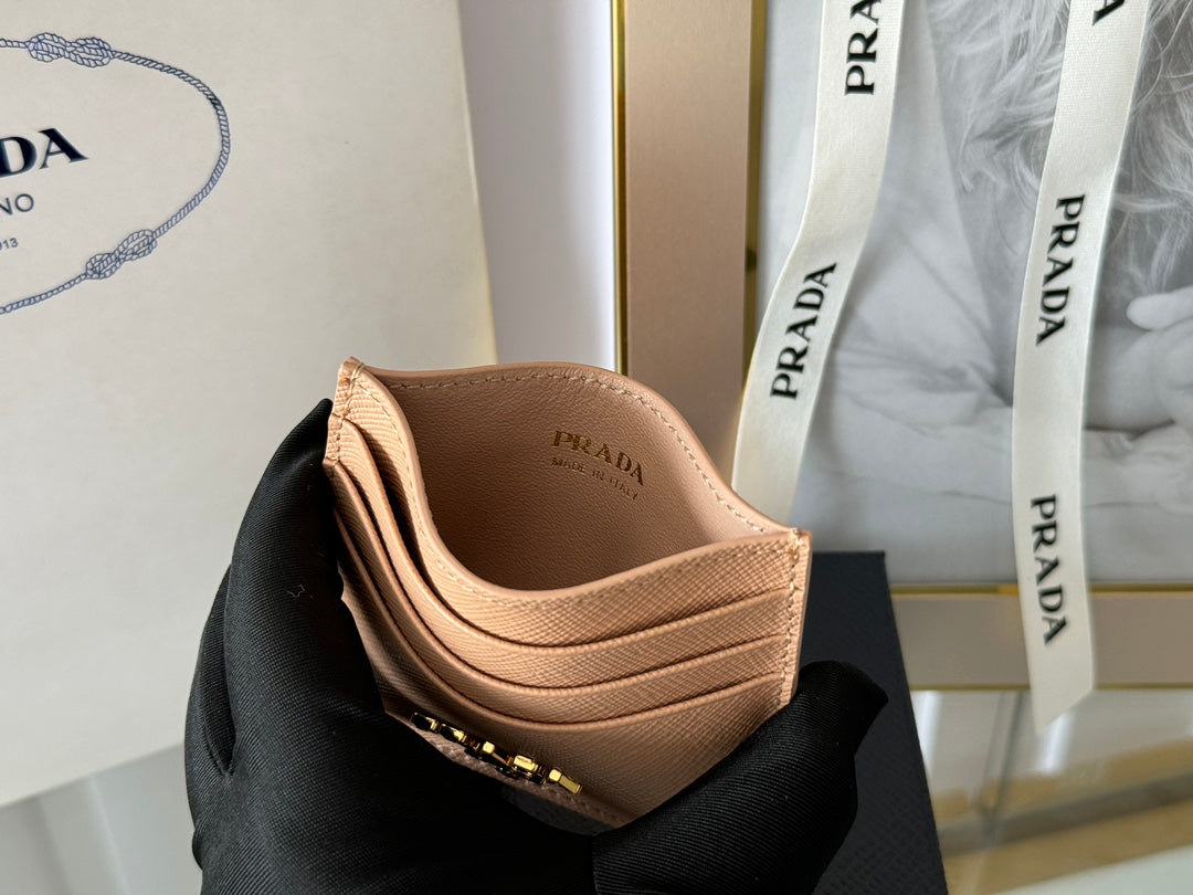 Pra Gold Logo-Stamp Card Holder Beige Saffiano Leather