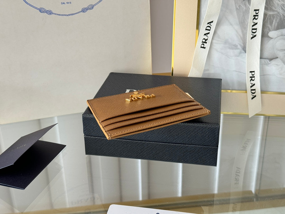 Pra Gold Logo-Stamp Card Holder Brown Saffiano Leather