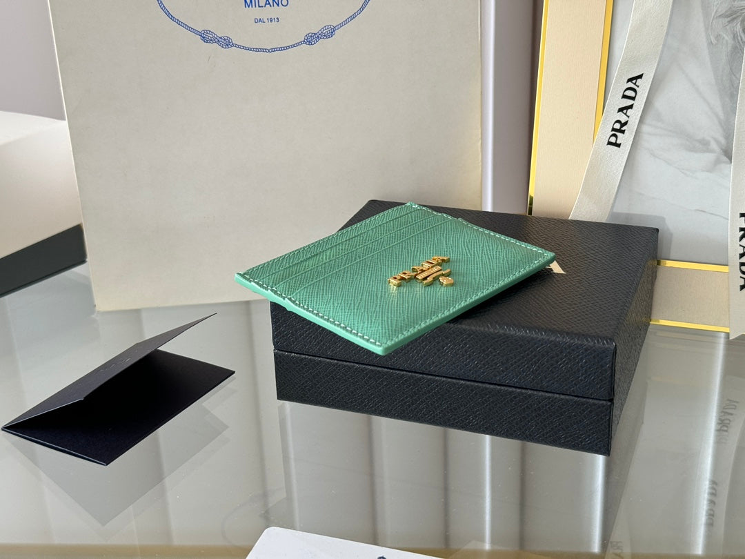 Pra Gold Logo-Stamp Card Holder Mint Saffiano Leather