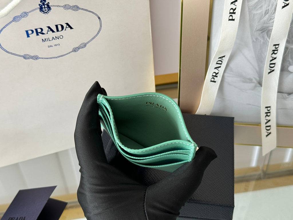 Pra Gold Logo-Stamp Card Holder Mint Saffiano Leather