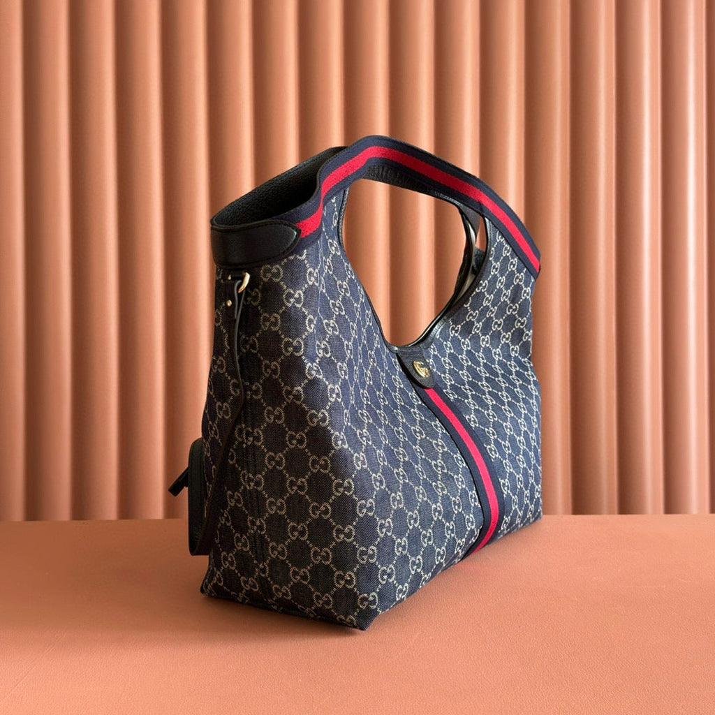 Gucci Giglio Large Tote Bag Blue and Red Denim