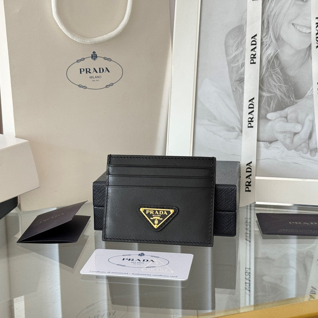 Pra Gold Logo-Plaque Card Holder Black Saffiano Leather