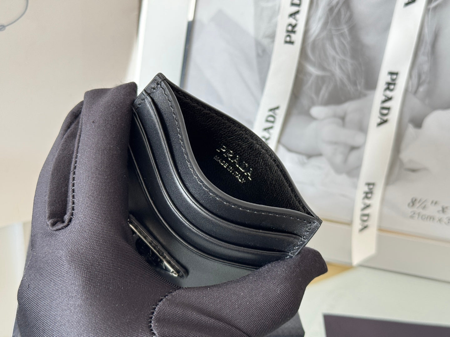 Pra Metal Logo-Plaque Card Holder Black Saffiano Leather