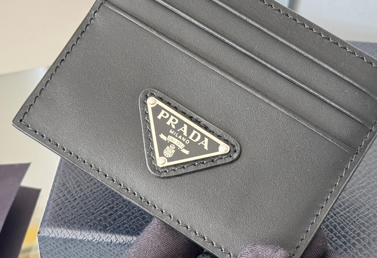 Pra Metal Logo-Plaque Card Holder Black Saffiano Leather