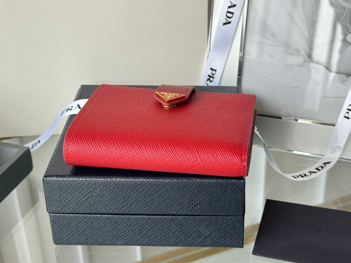 Pra 1MV204 Small Wallet Red Saffiano & Smooth Leather
