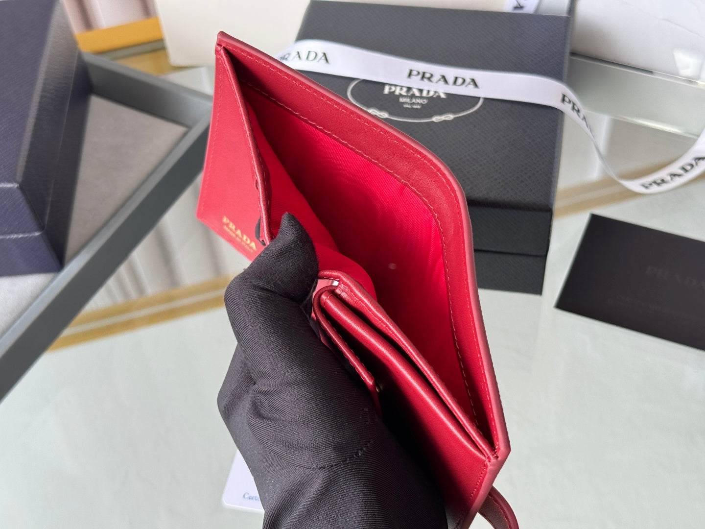 Pra 1MV204 Small Wallet Red Saffiano & Smooth Leather