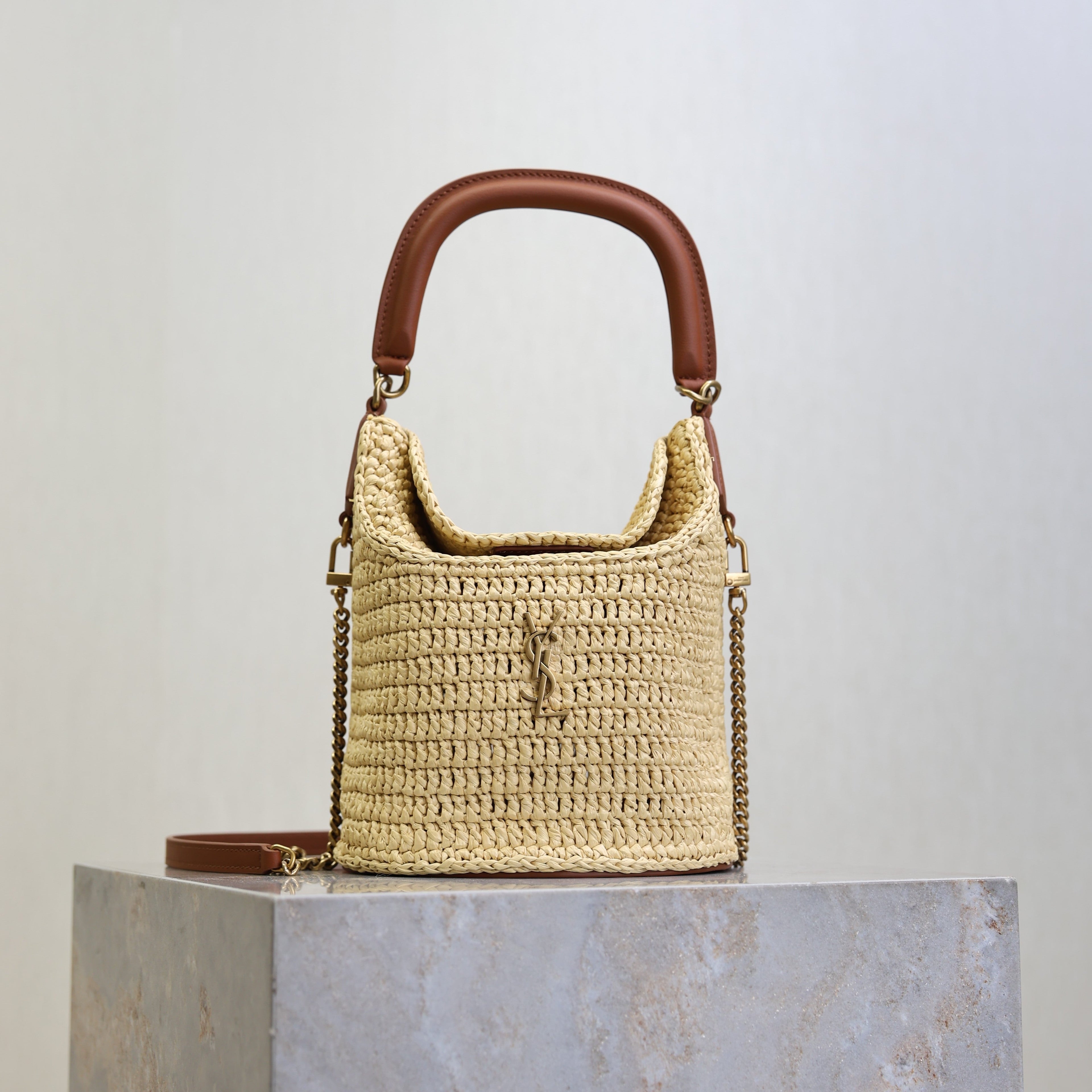 Prada GabyBucket 17cm Brown Beige Raffia Leather GHW