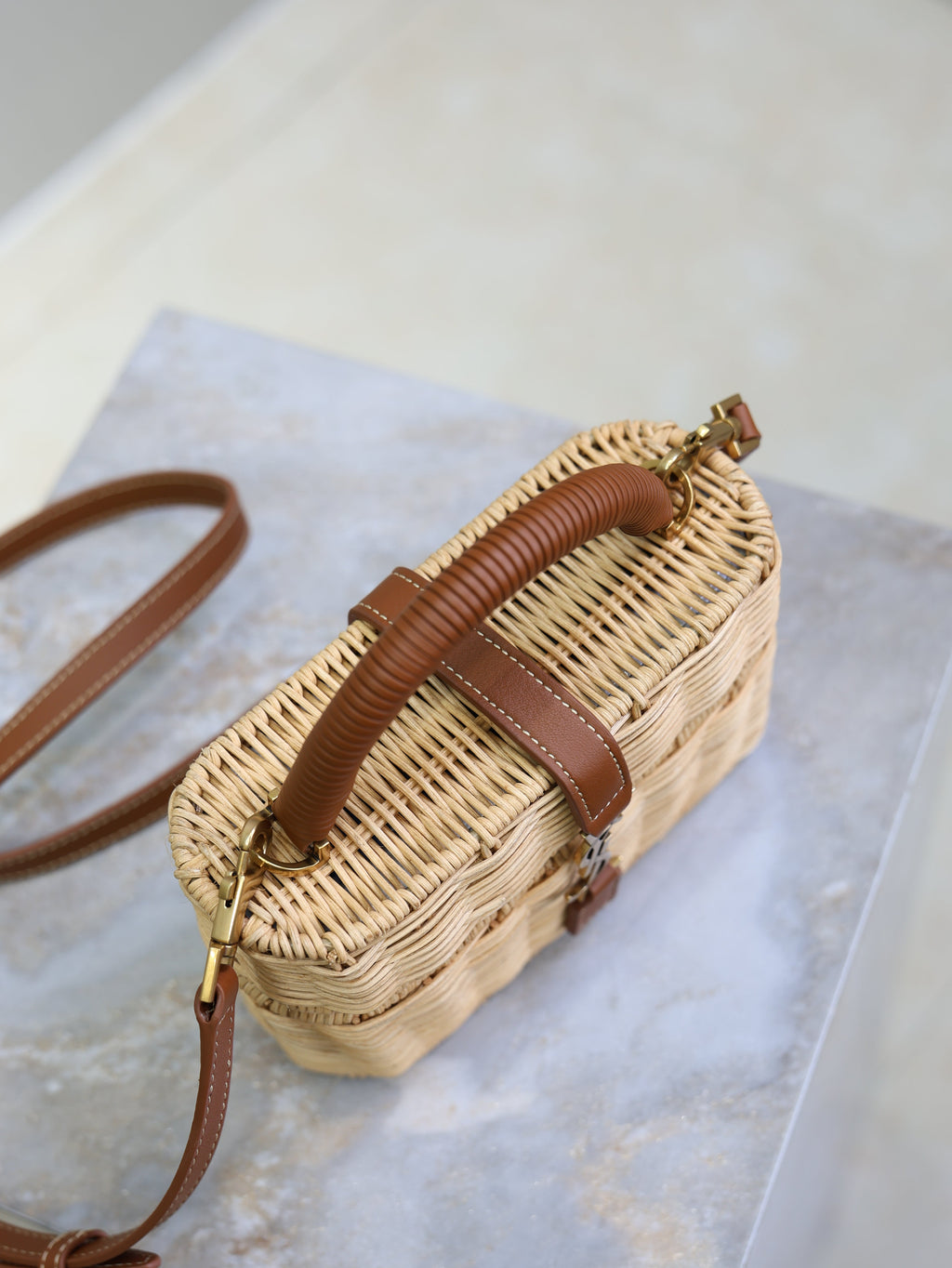 Prada Gaby Vanity Bag Beige Brown Raffia Leather