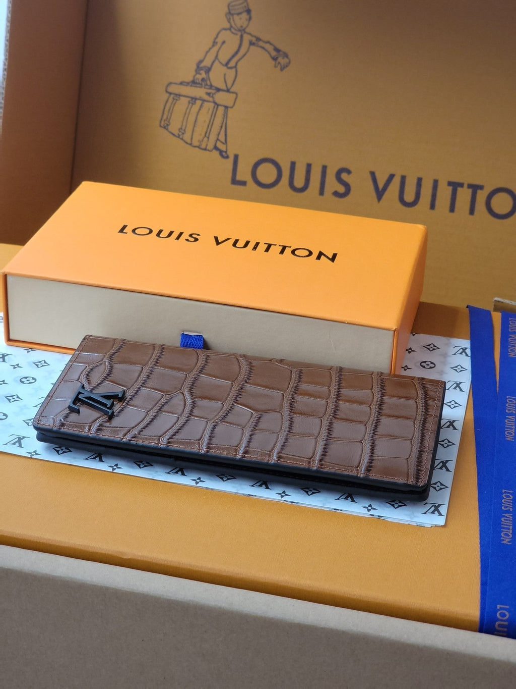 LV M81830 Brazza Wallet Brown Crocodile Leather