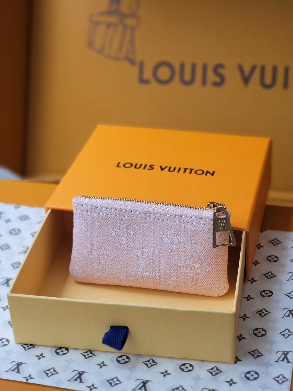 LV Key Pouch Pink Monogram Denim - Light GHW