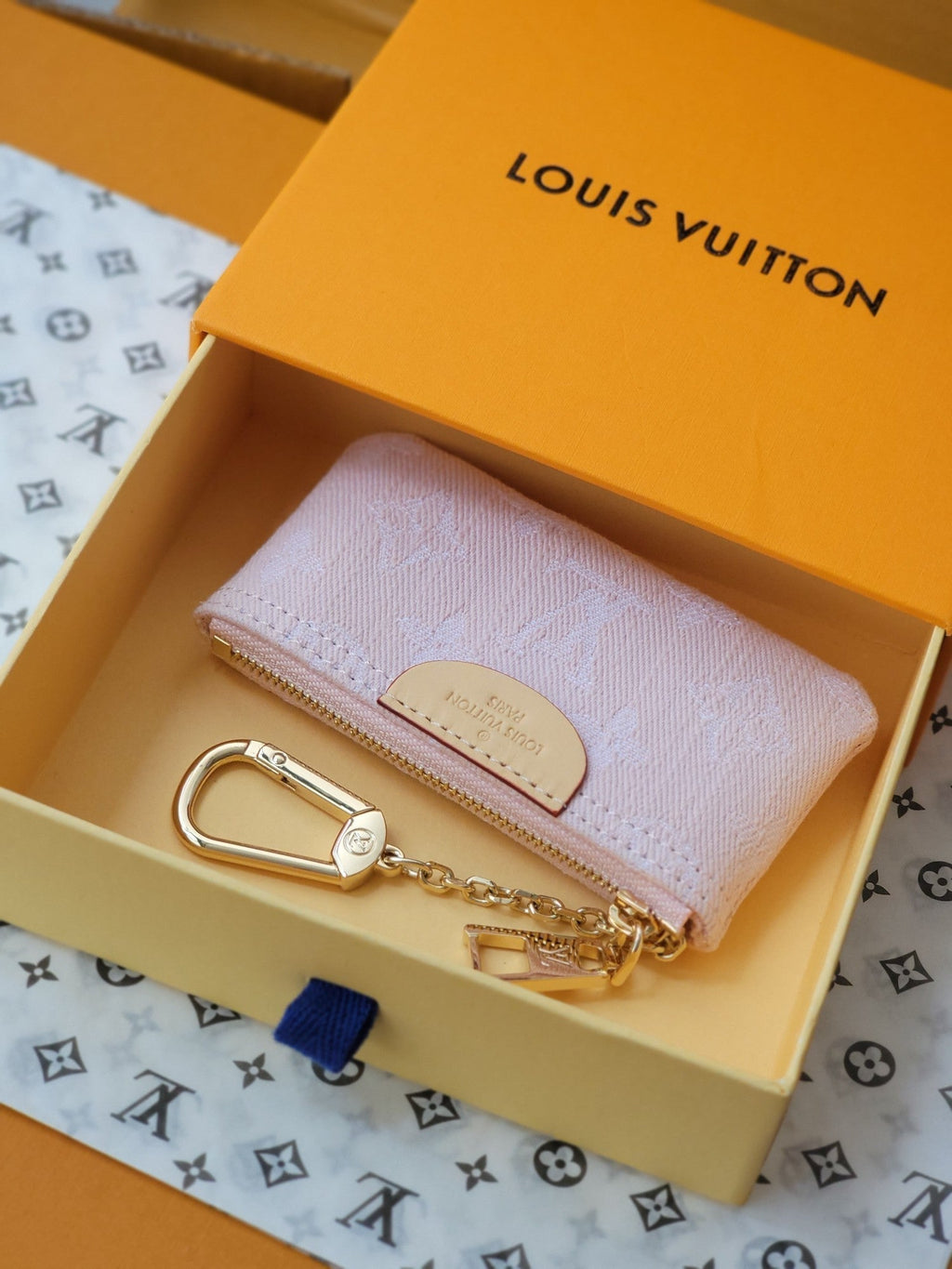 LV Key Pouch Pink Monogram Denim - Light GHW