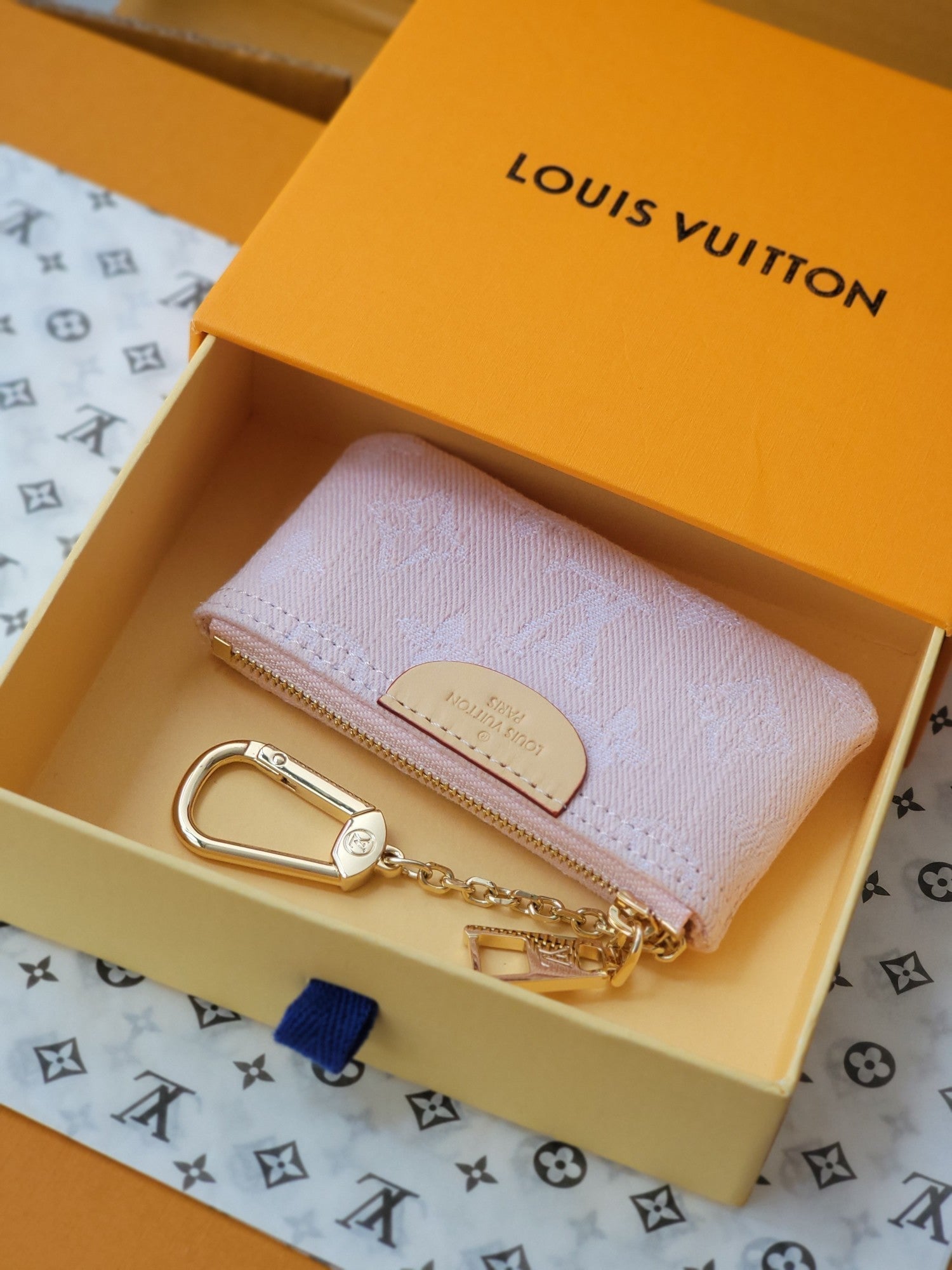 LV Key Pouch Pink Monogram Denim - Light GHW