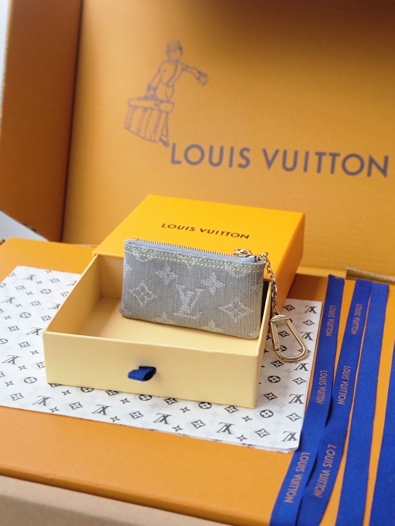 LV Key Pouch Grey Monogram Denim - Light GHW