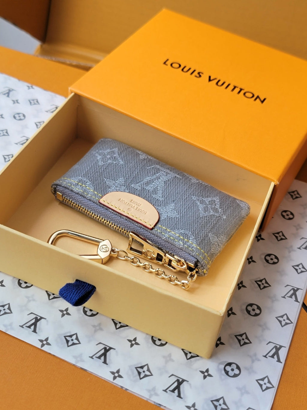 LV Key Pouch Grey Monogram Denim - Light GHW