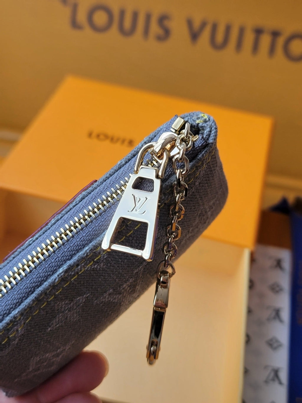 LV Key Pouch Grey Monogram Denim - Light GHW