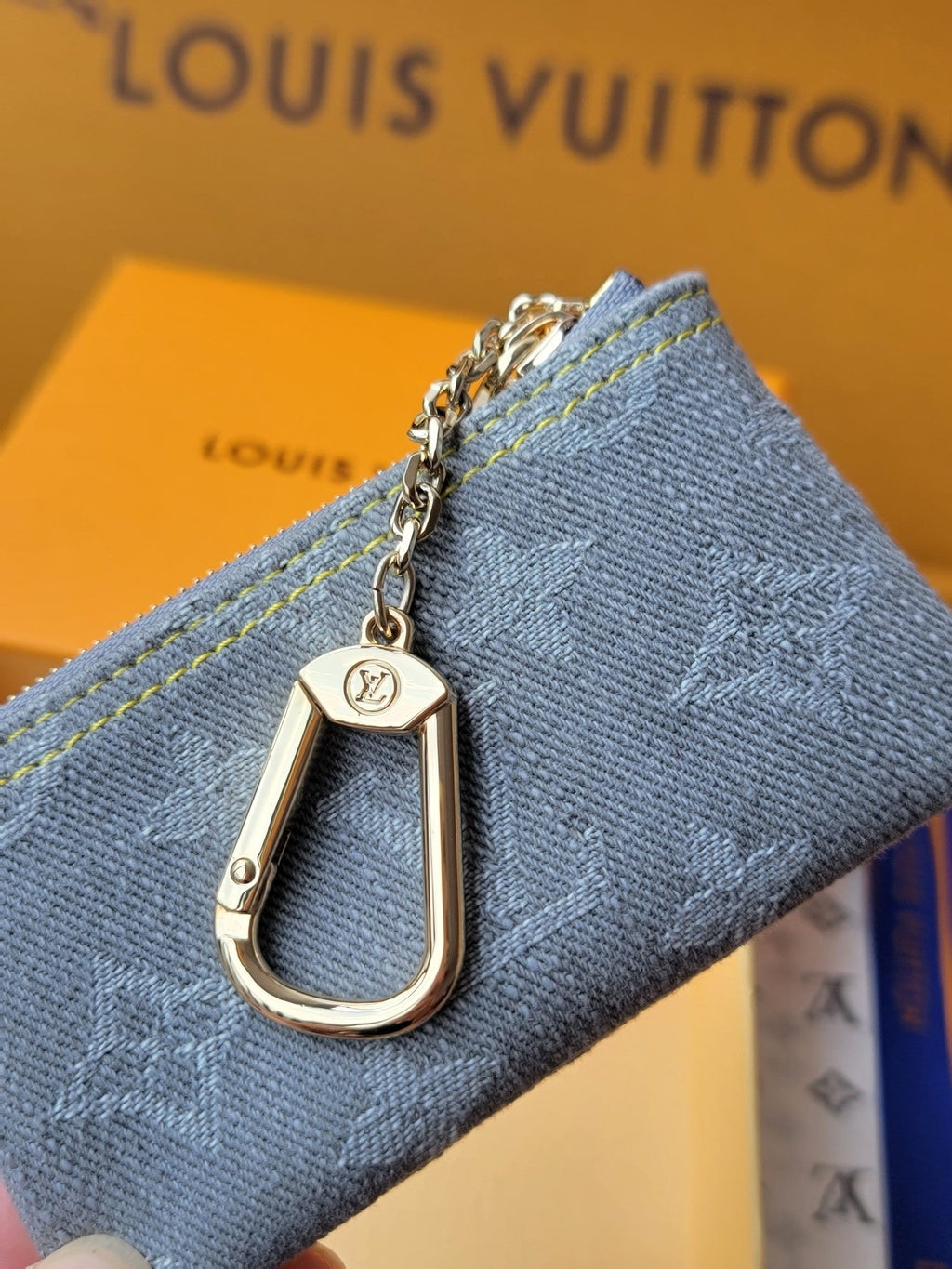 LV Key Pouch Grey Monogram Denim - Light GHW
