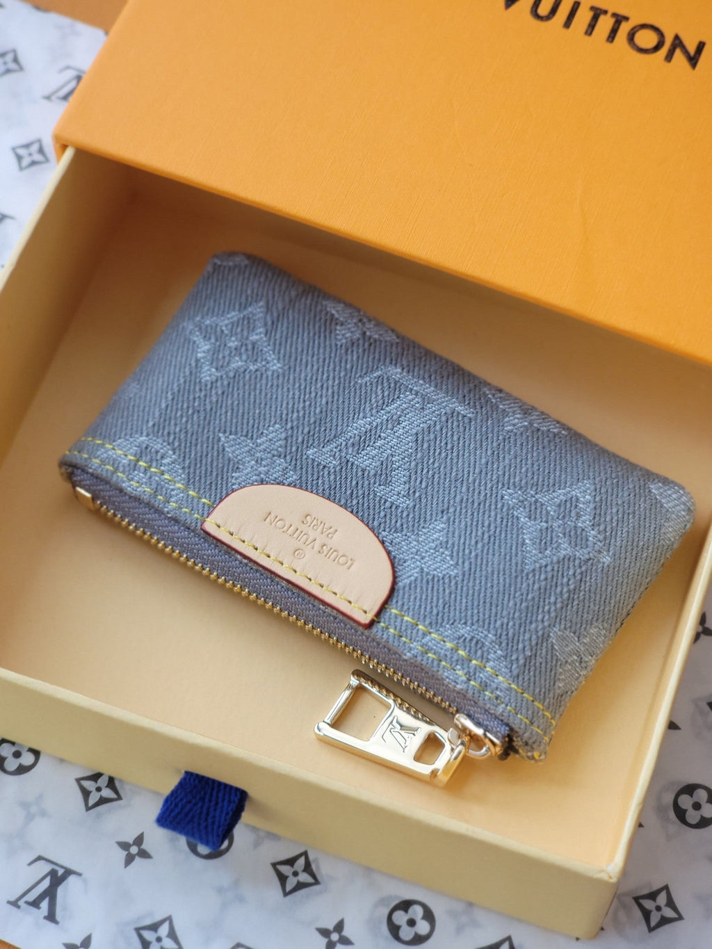 LV Key Pouch Grey Monogram Denim - Light GHW