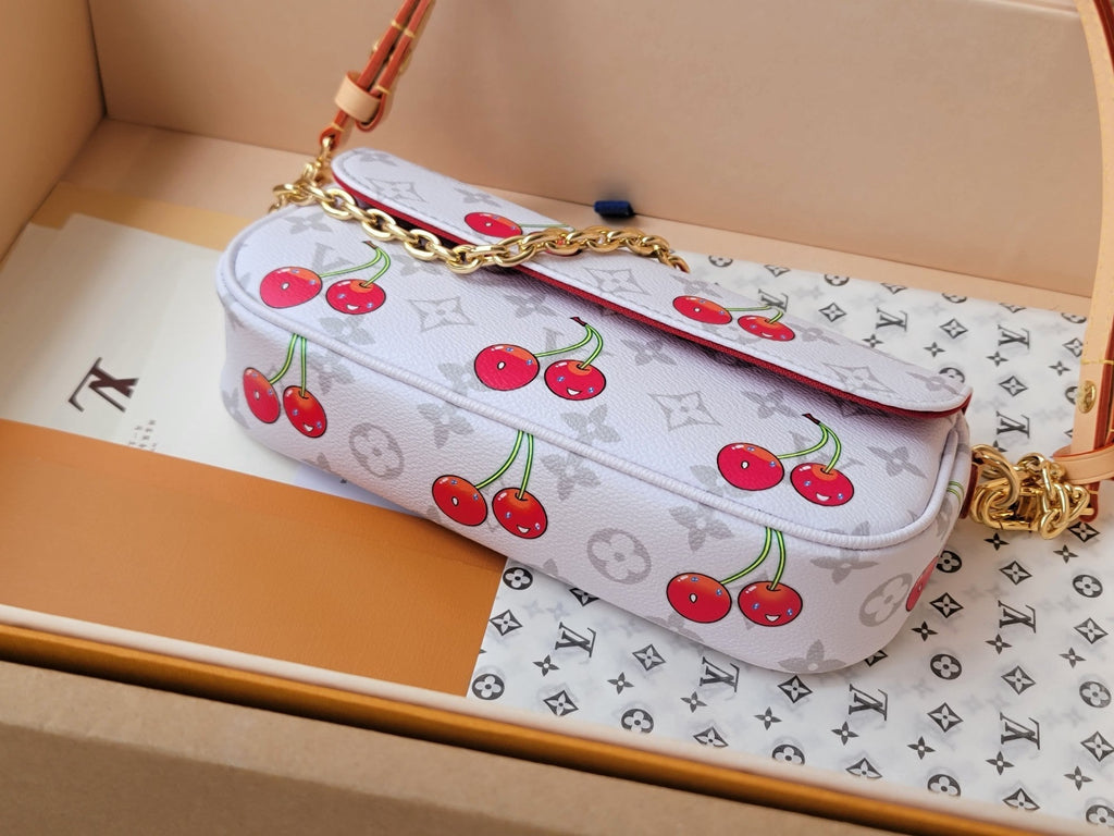 LV x TM M14239  Wallet On Chain Ivy White Monogram cherry Canvas GHW