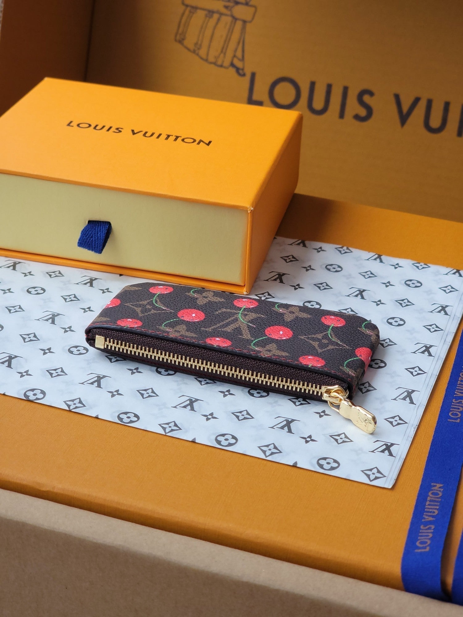 LV x TM Pochette Cre Coin Purse Brown Monogram Canvas With Cherry Motif