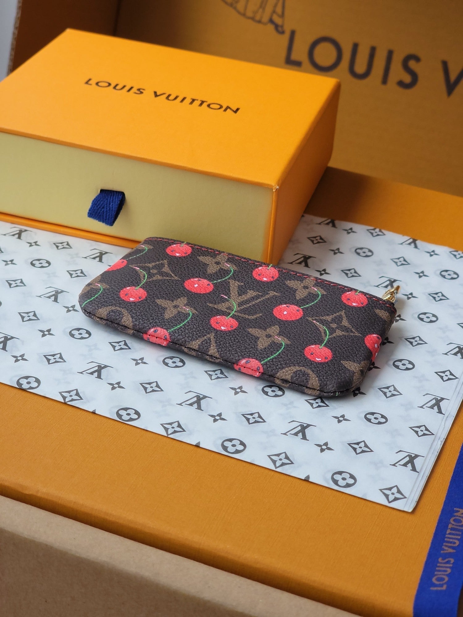 LV x TM Pochette Cre Coin Purse Brown Monogram Canvas With Cherry Motif