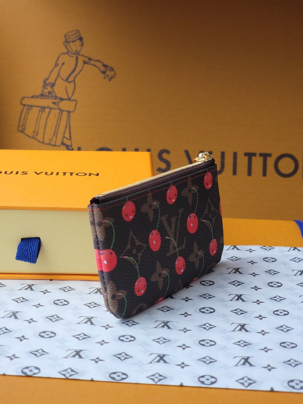 LV x TM Pochette Cre Coin Purse Brown Monogram Canvas With Cherry Motif