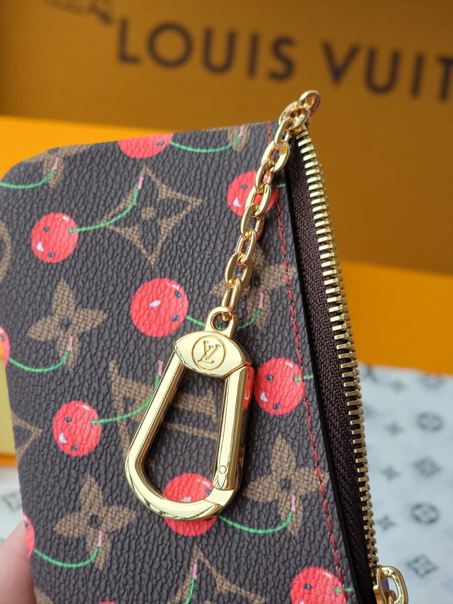 LV x TM Pochette Cre Coin Purse Brown Monogram Canvas With Cherry Motif