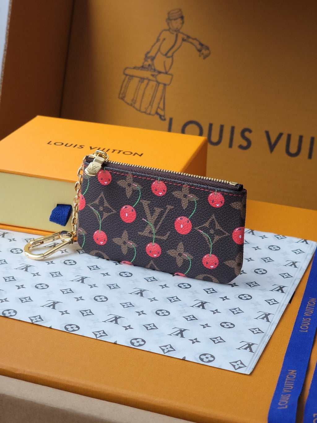 LV x TM Pochette Cre Coin Purse Brown Monogram Canvas With Cherry Motif