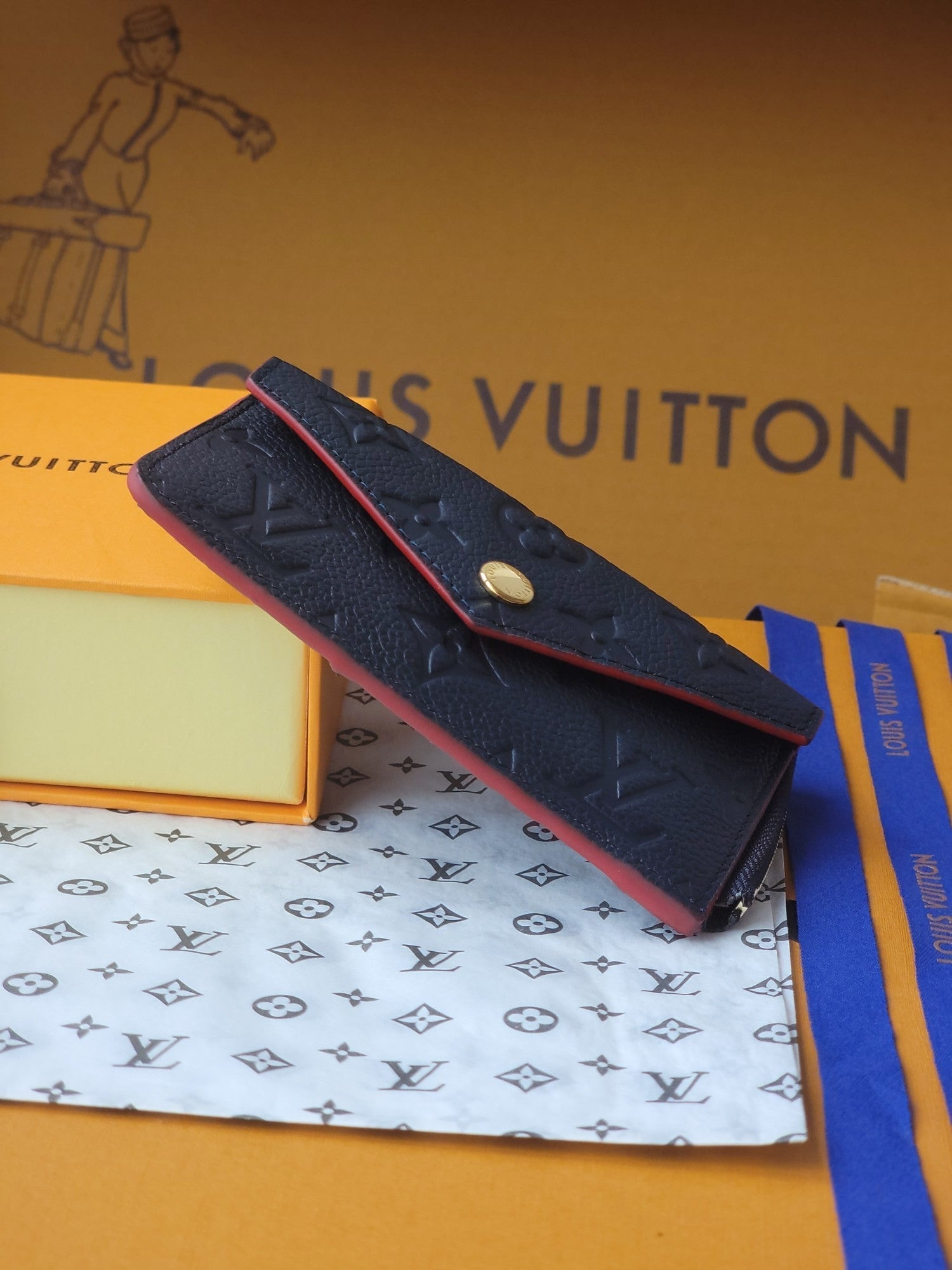 LV Card Holder Recto Verso With Red Border Black Monogram Empreinte Cowhide GHW