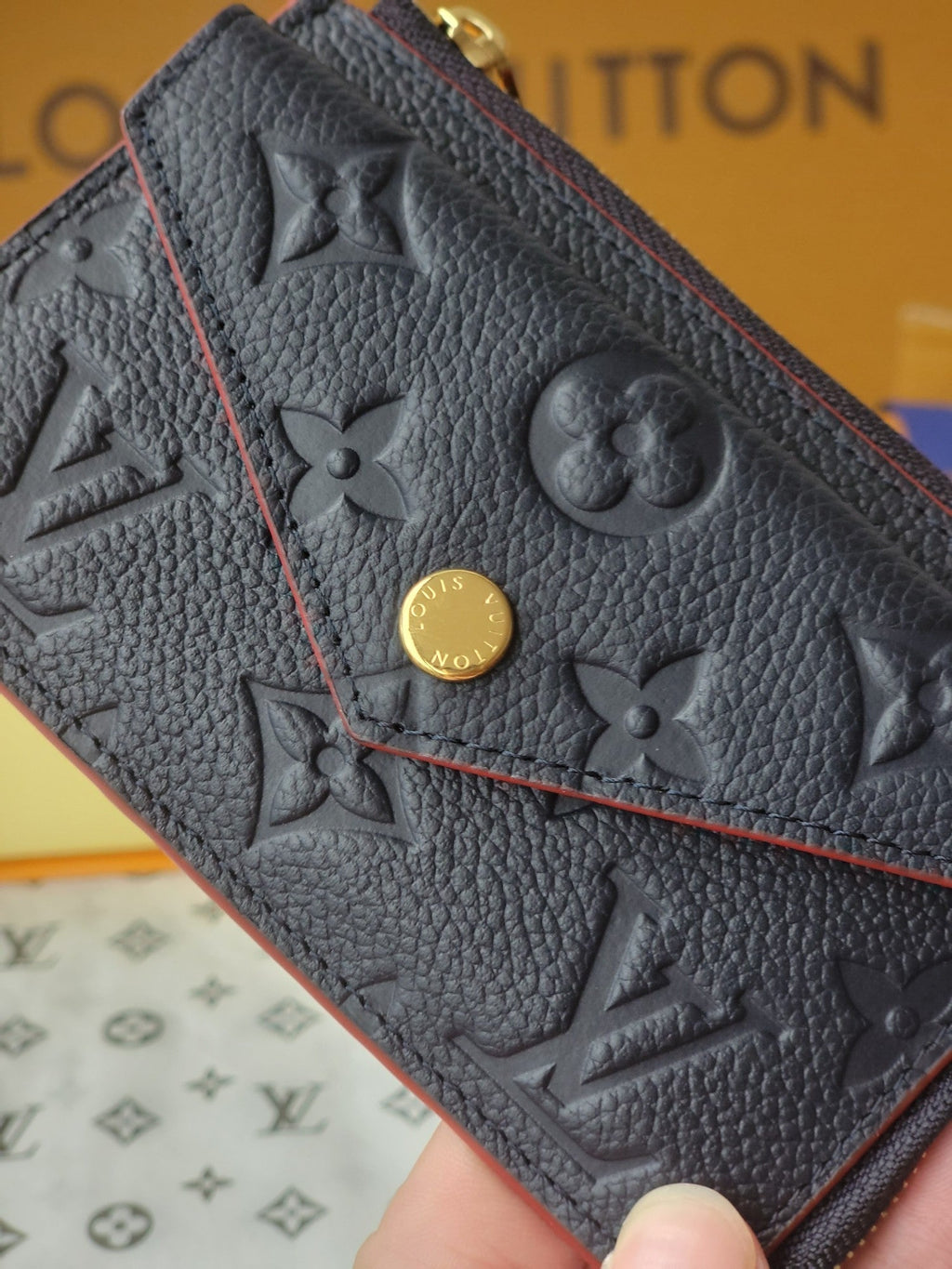 LV Card Holder Recto Verso With Red Border Black Monogram Empreinte Cowhide GHW