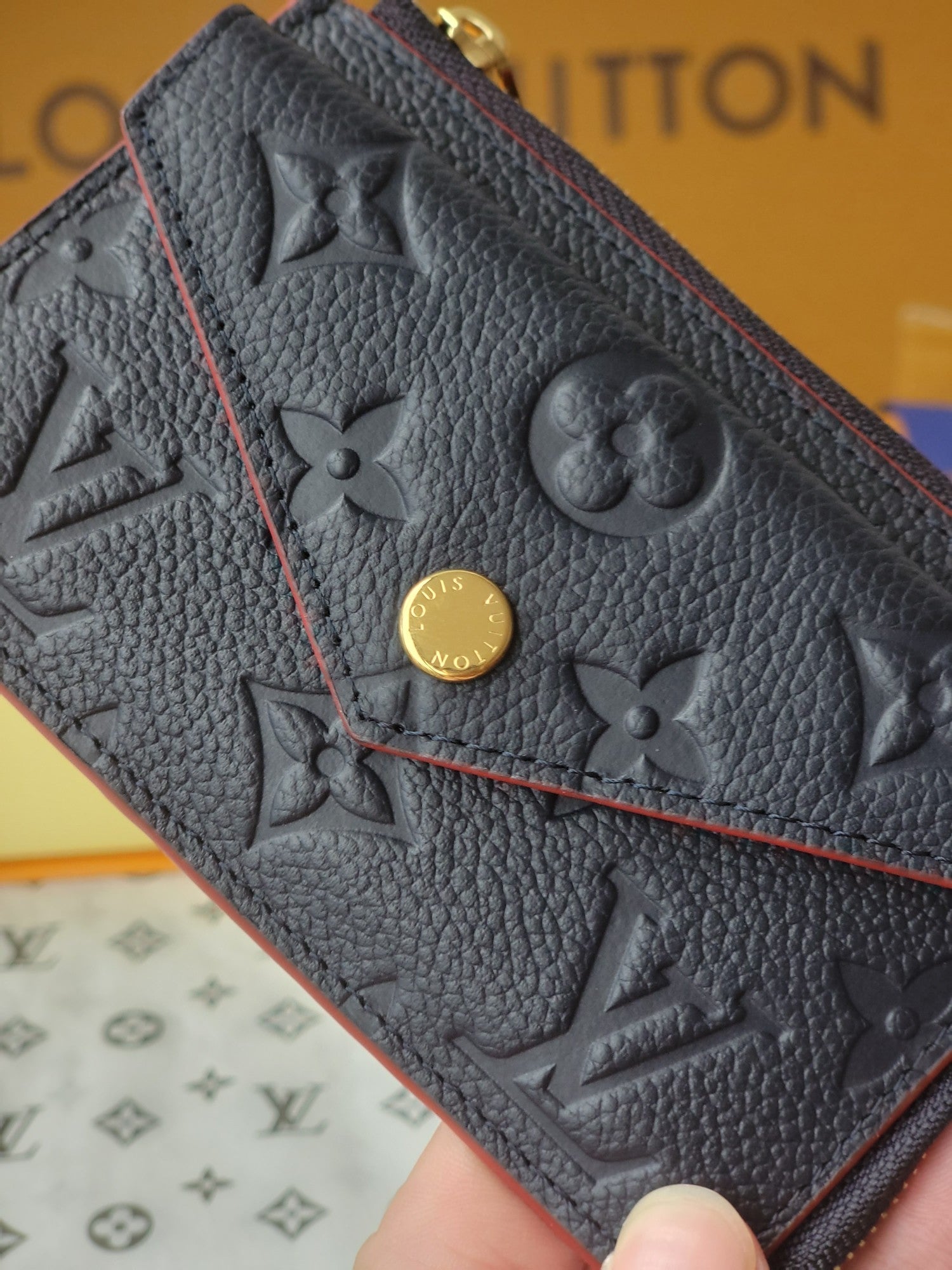 LV Card Holder Recto Verso With Red Border Black Monogram Empreinte Cowhide GHW