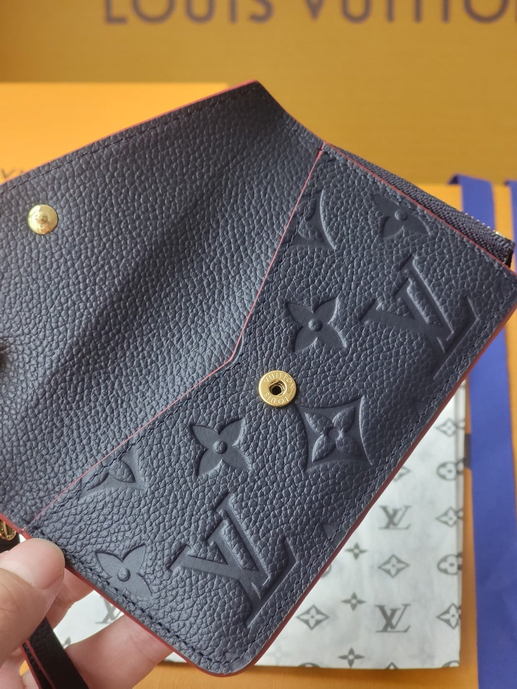 LV Card Holder Recto Verso With Red Border Black Monogram Empreinte Cowhide GHW