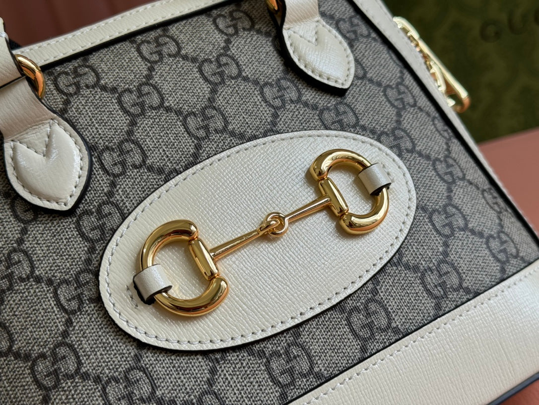 GG Horsebit 1955 Small Top Handle Bag Beige & White GG Monogram Fabric 272171