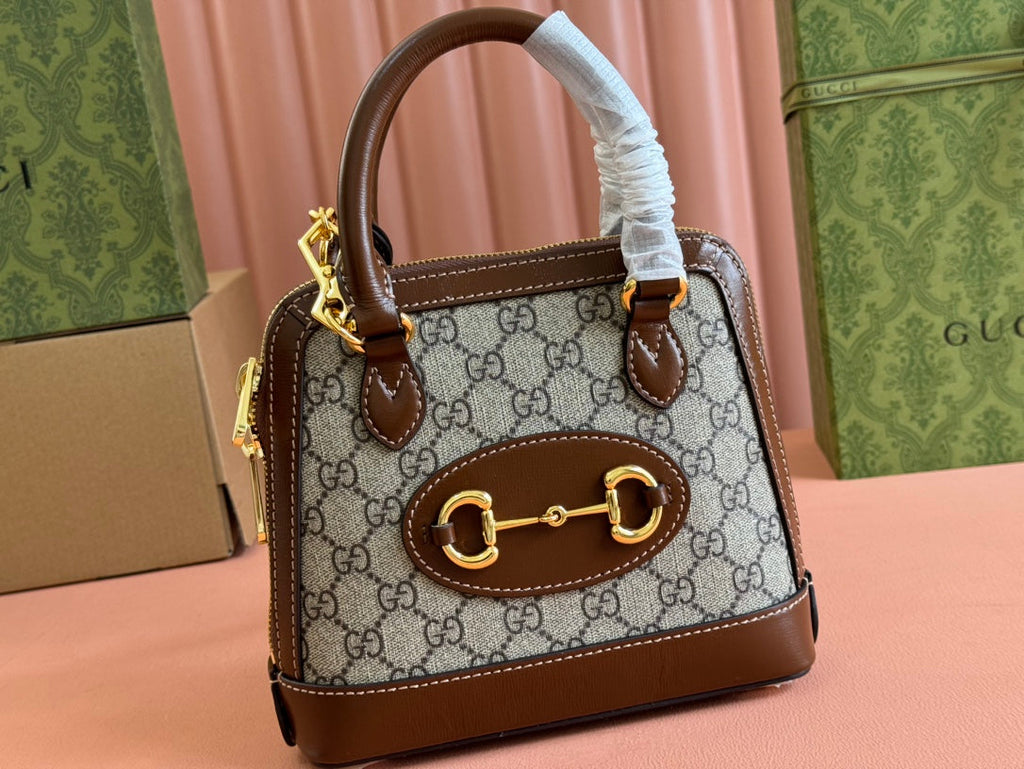 GG Horsebit 1955 Small Top Handle Bag Beige & Black GG Monogram Fabric 272170