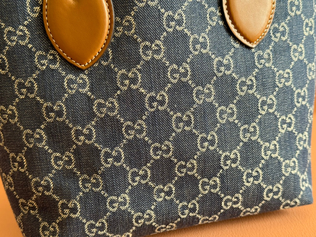 Gucci Totissima 22cm Tote Bag Blue mix Brown Denim Leather 248432