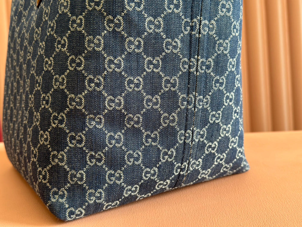 Gucci Totissima 30.5cm Tote Bag Blue mix Brown Denim Leather 248433