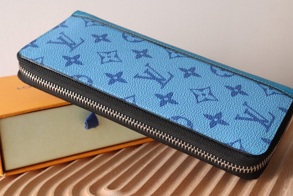LV Zippy Vertical Wallet Light Blue Monogram Canvas & Taïga Leather 180051