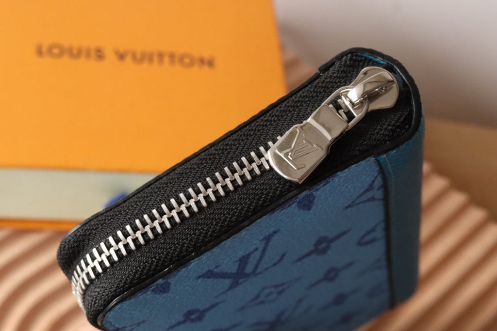 LV Zippy Vertical Wallet Light Blue Monogram Canvas & Taïga Leather 180051