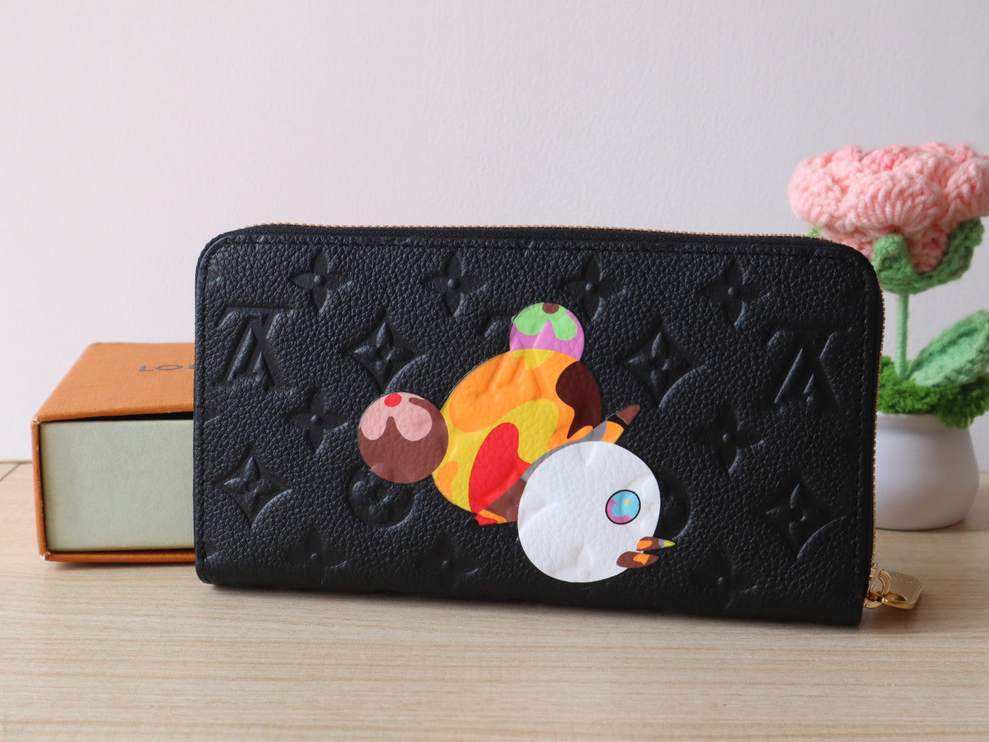 LV × TM Zippy Wallet Panda Black Monogram-embossed Cowhide
