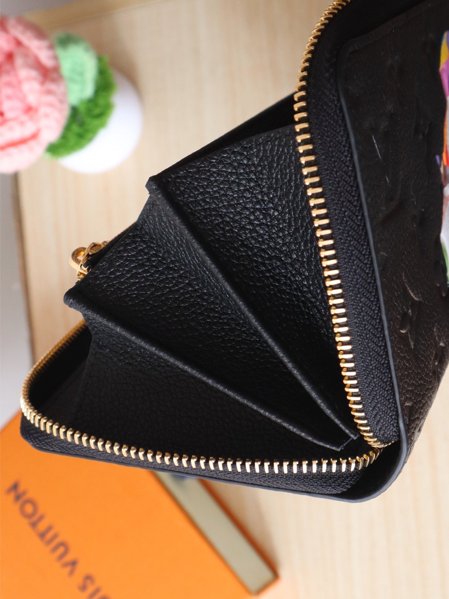 LV × TM Zippy Wallet Panda Black Monogram-embossed Cowhide